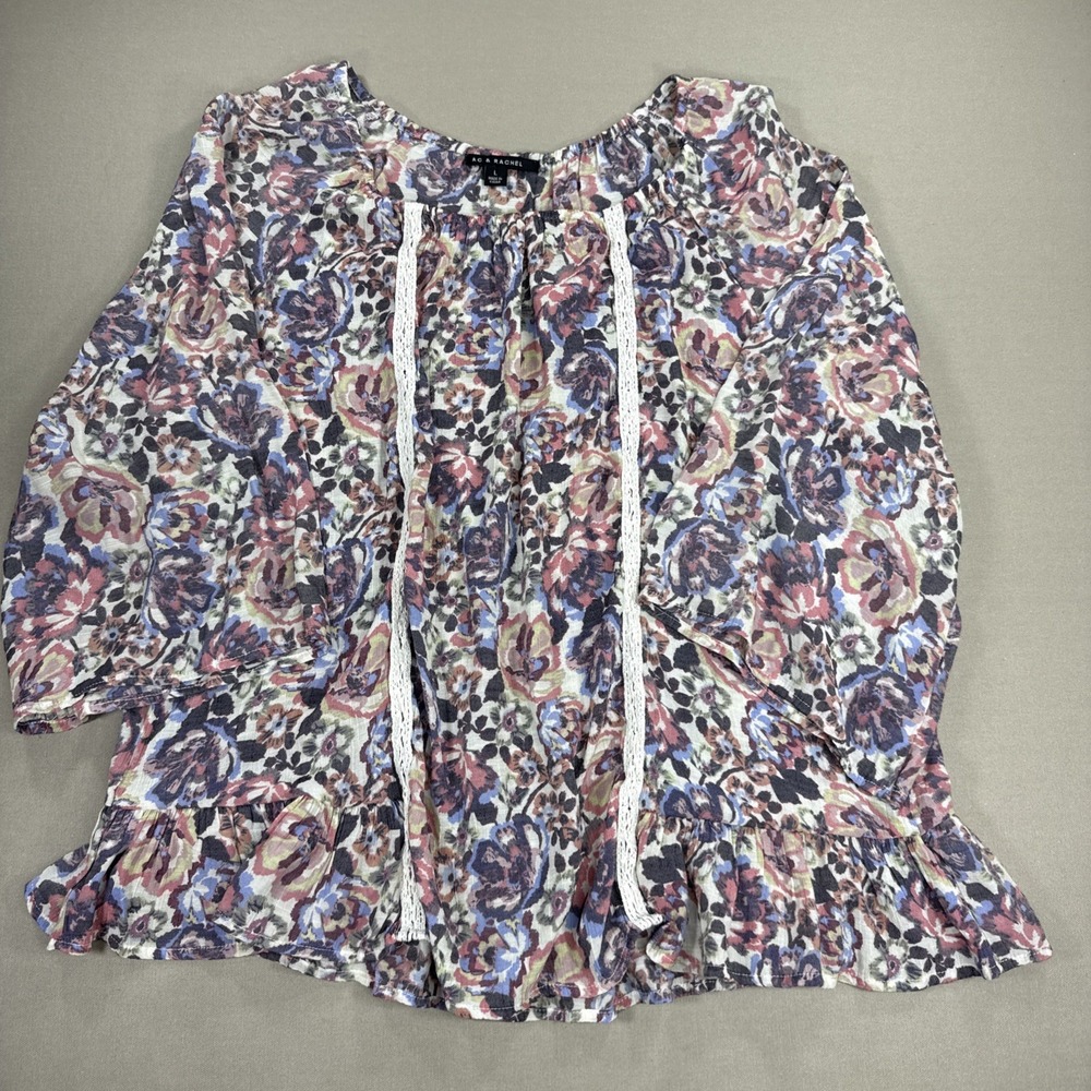 Zac & Rachel Blouse Women's Large Pink Purple Floral Ruffle 3/4 Sleeve Flowy